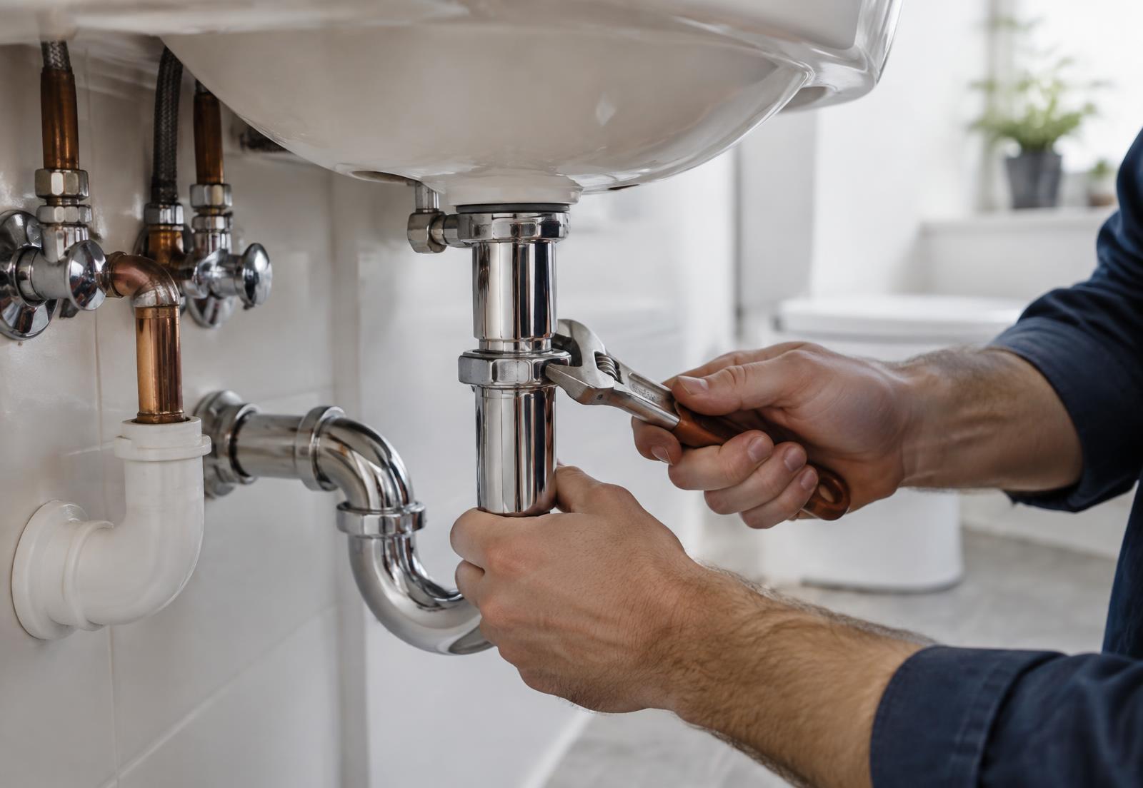 Plumber tightening a drain pipe fitting under a bathroom sink